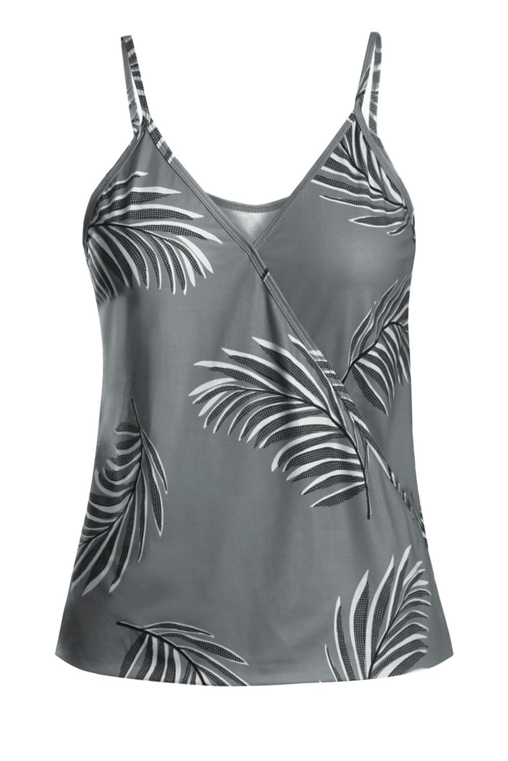 A stylish Summer Gray Tropical Plant Print Tank Top featuring a tropical plant design, sleeveless cut, and v neckline, perfect for summer wear.