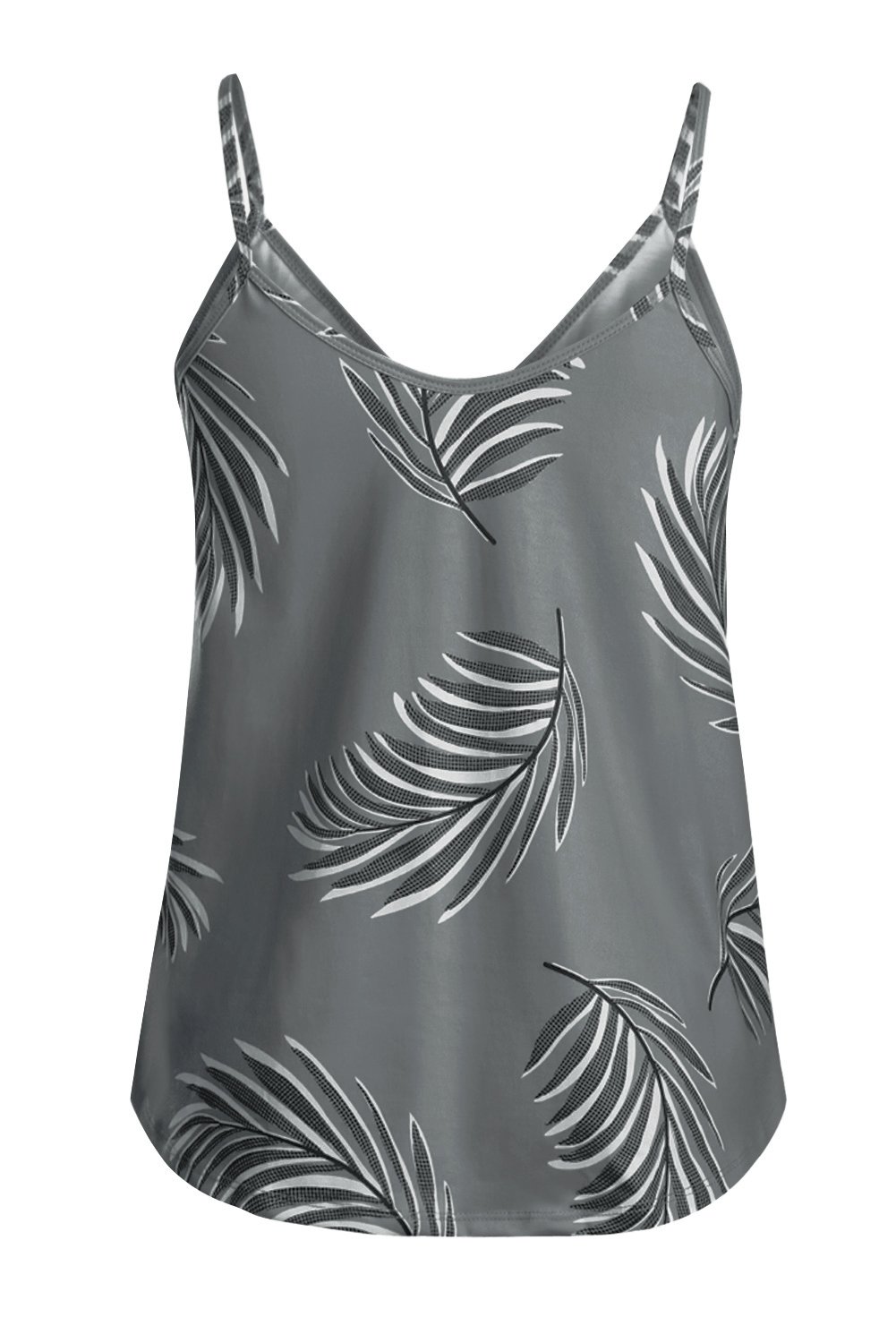 A stylish Summer Gray Tropical Plant Print Tank Top featuring a tropical plant design, sleeveless cut, and v neckline, perfect for summer wear.