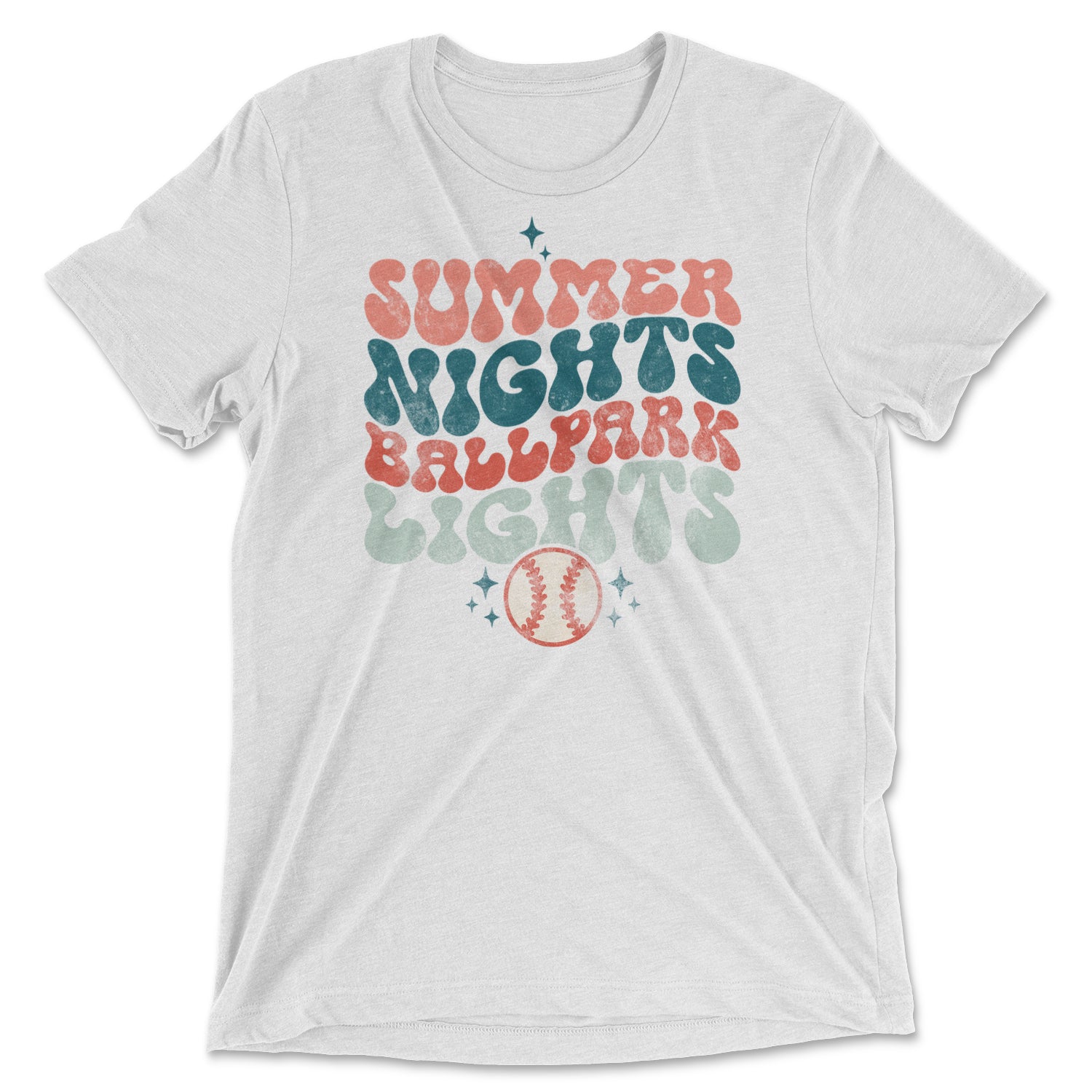 A stylish Summer Nights Ballpark Lights Tee featuring vibrant colors and a unisex fit, perfect for baseball fans.