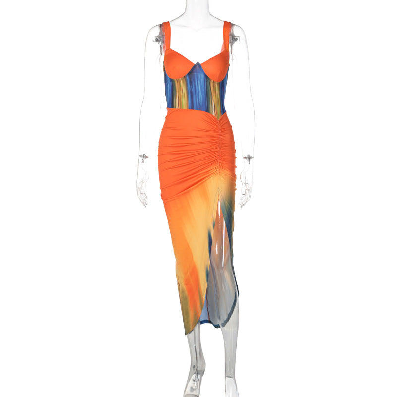 A stylish Summer Tie Dyed Printed Sheath Dress featuring a vibrant tie-dye pattern, V-neckline, and sleeveless design, perfect for summer outings.