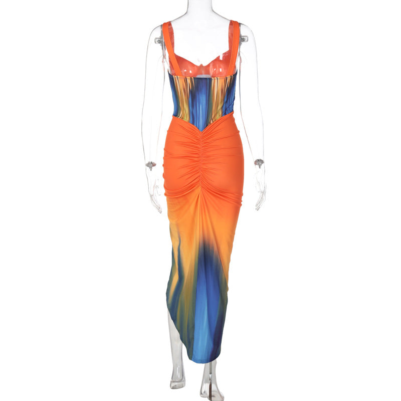 A stylish Summer Tie Dyed Printed Sheath Dress featuring a vibrant tie-dye pattern, V-neckline, and sleeveless design, perfect for summer outings.