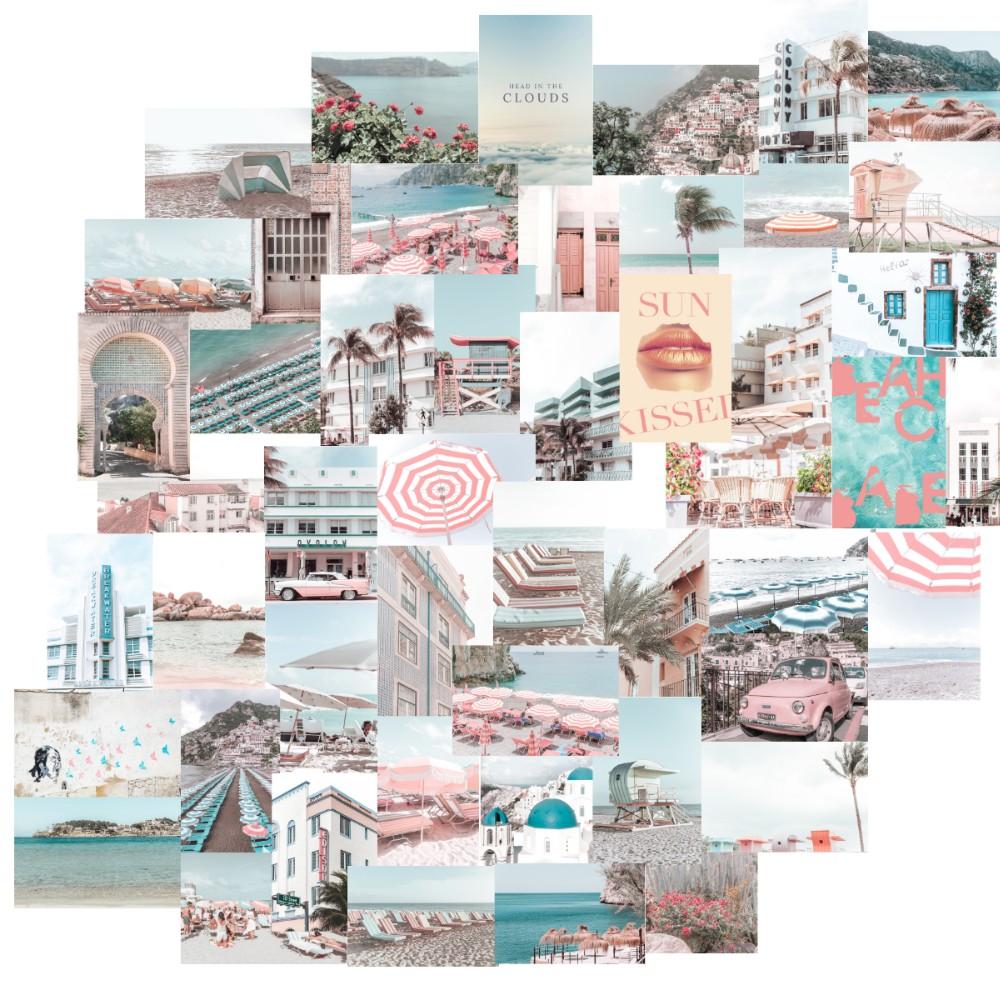 A vibrant collage of 50 beach-themed images showcasing stunning scenes from Santorini, Barbados, Miami, Mallorca, and Positano.