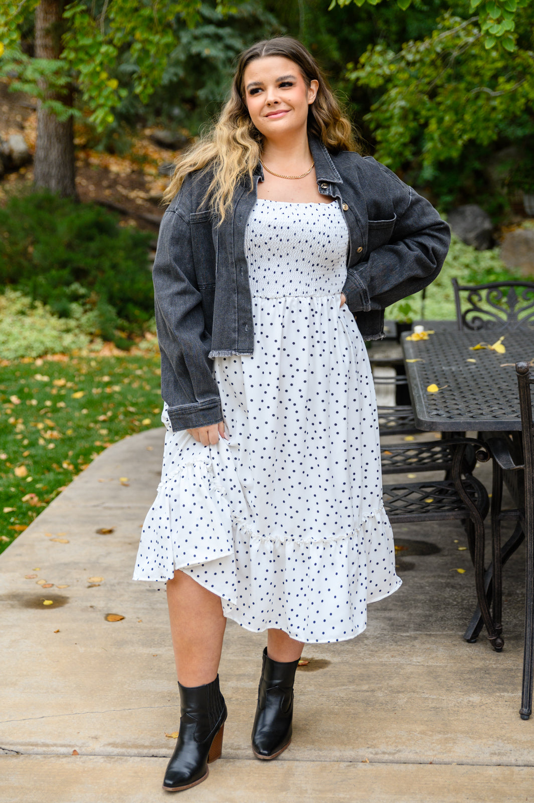 A stylish Sunday Market Dress featuring a square neckline, smocked bodice, slight puff sleeves, and a flowy A-line midi skirt with a ruffle hem.