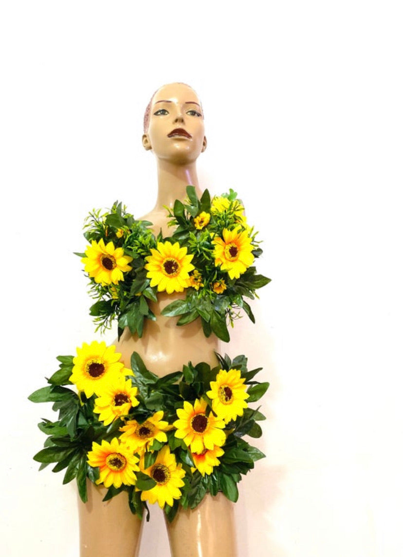 A vibrant Sunflower Goddess outfit featuring a padded bra and customizable bottoms, perfect for making a bold fashion statement.