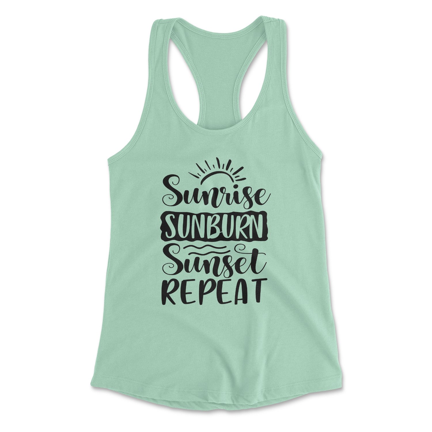 A stylish Sunrise Sunburn Sunset Tank featuring a vibrant graphic design, perfect for summer wear.