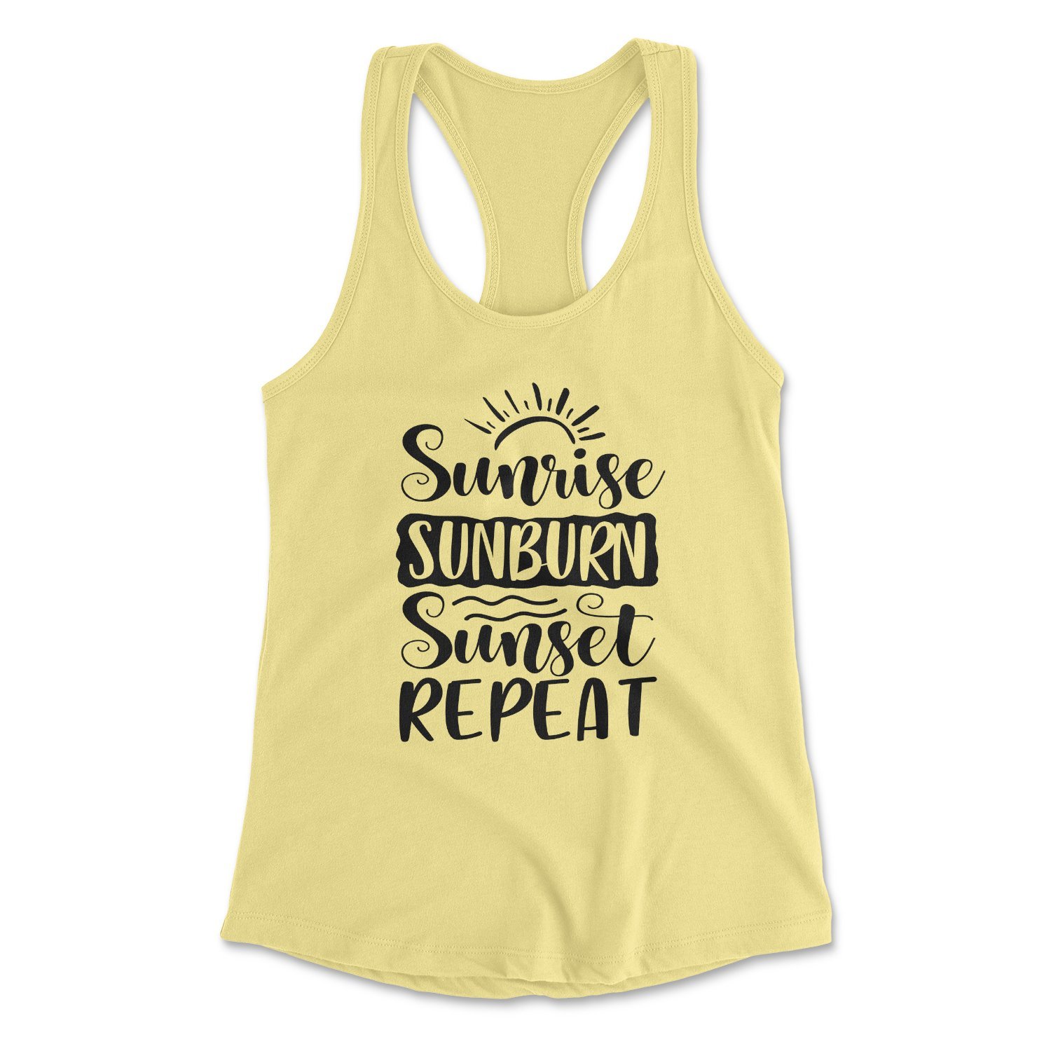 A stylish Sunrise Sunburn Sunset Tank featuring a vibrant graphic design, perfect for summer wear.