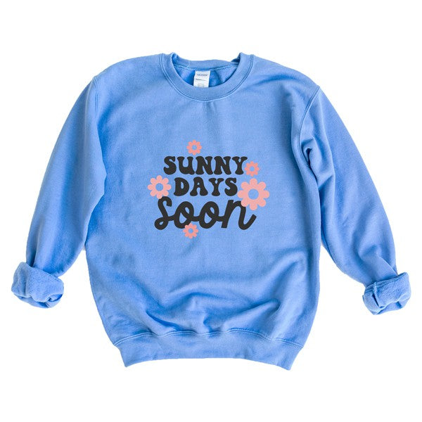 A cozy Gildan unisex sweatshirt featuring a vibrant floral graphic and the phrase 'Sunny Days Soon', perfect for casual wear.