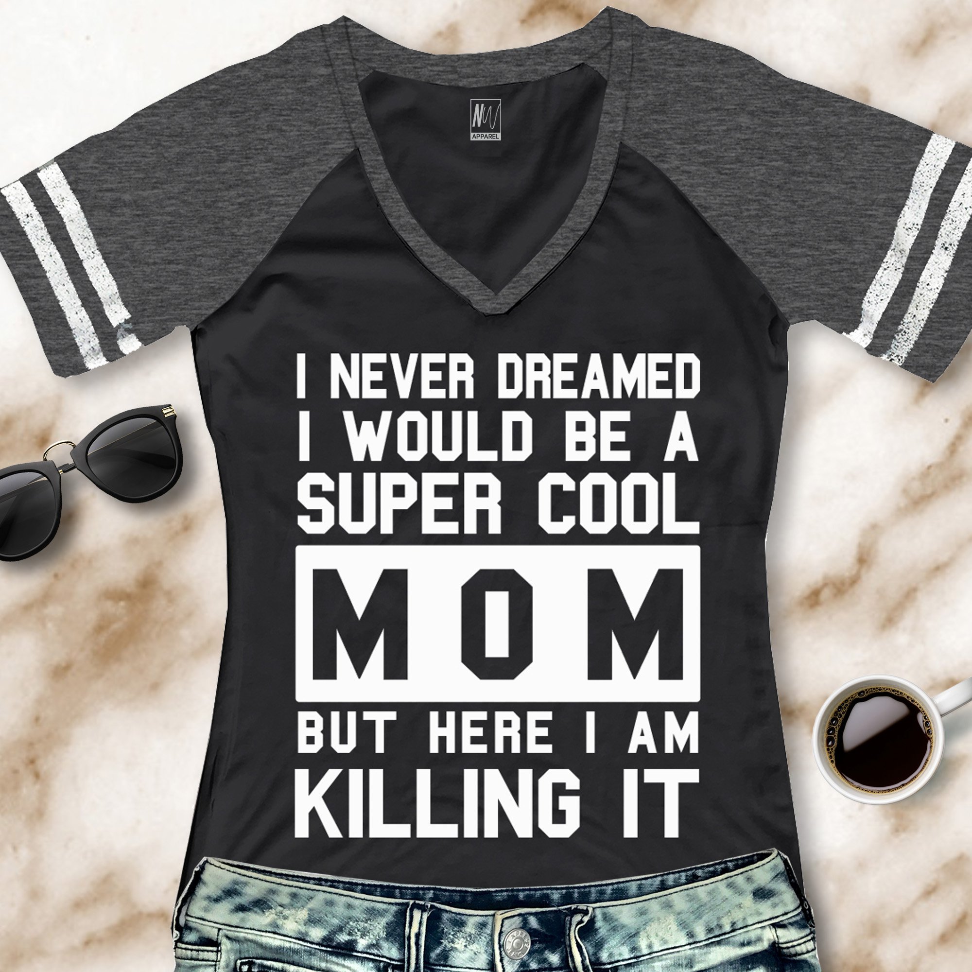 A stylish SUPER COOL MOM V-Neck Shirt in black with gray sleeves, showcasing a fun and empowering quote for mothers.