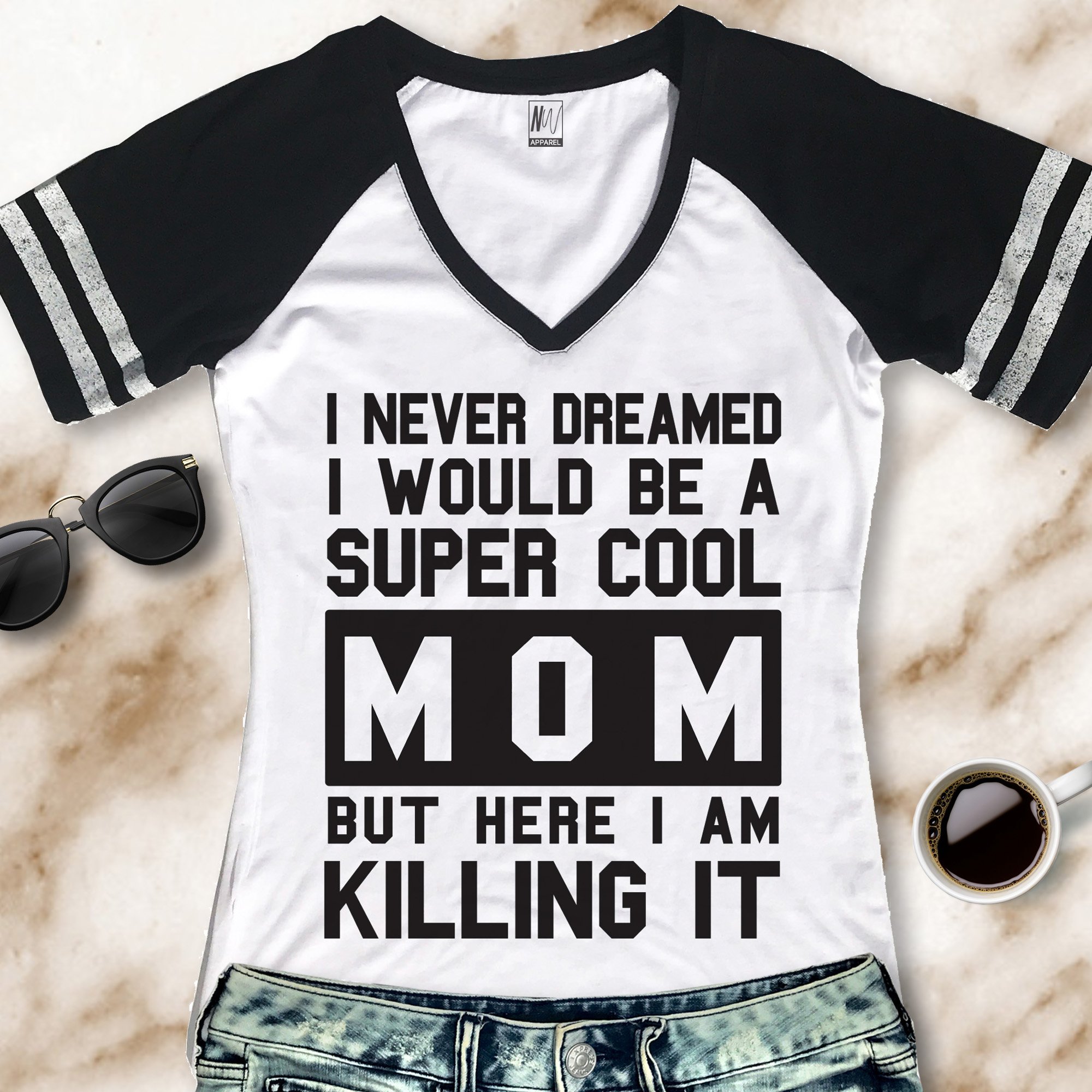 A stylish SUPER COOL MOM V-Neck Shirt in black with gray sleeves, showcasing a fun and empowering quote for mothers.