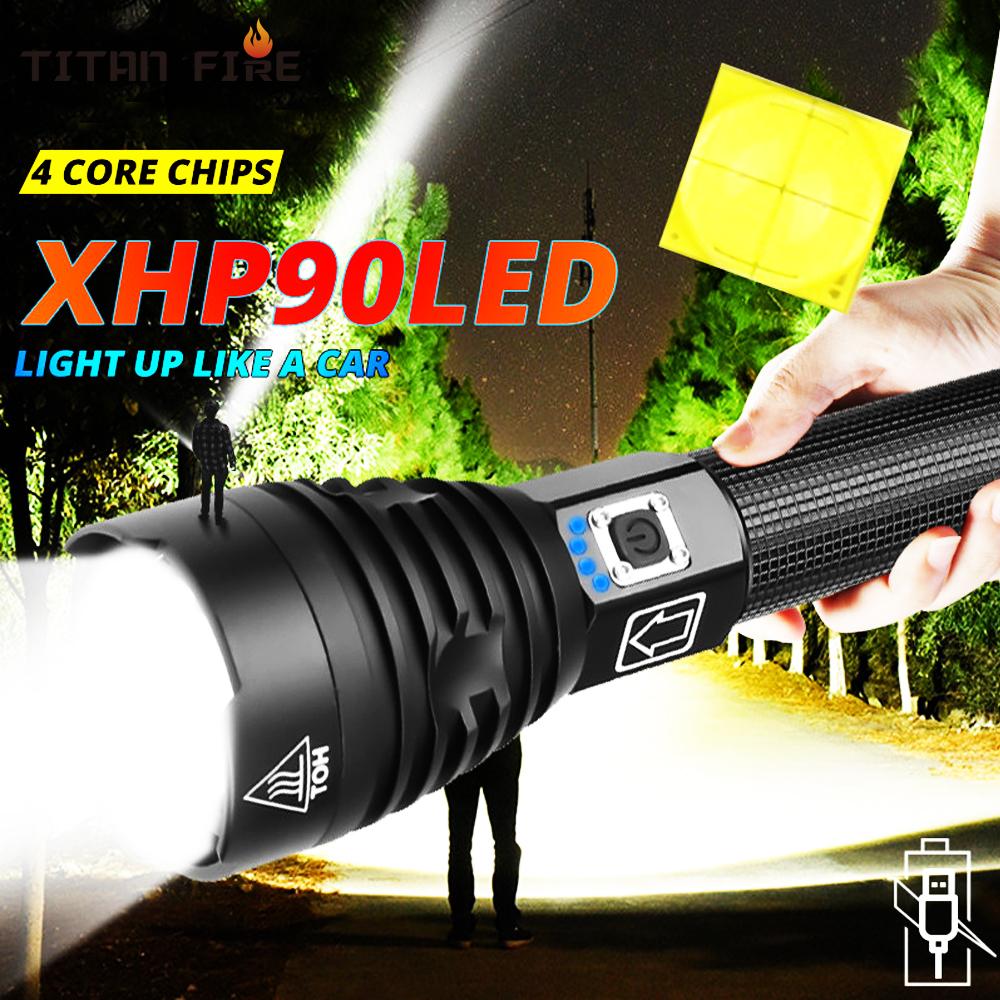 Super Powerful XHP90 LED Flashlight with USB charging and adjustable zoom, made of durable aluminum alloy, ideal for tactical and outdoor use.