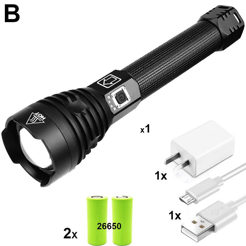 Super Powerful XHP90 LED Flashlight with USB charging and adjustable zoom, made of durable aluminum alloy, ideal for tactical and outdoor use.