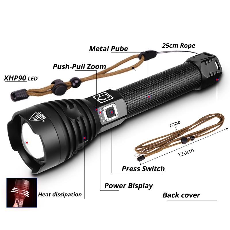 Super Powerful XHP90 LED Flashlight with USB charging and adjustable zoom, made of durable aluminum alloy, ideal for tactical and outdoor use.