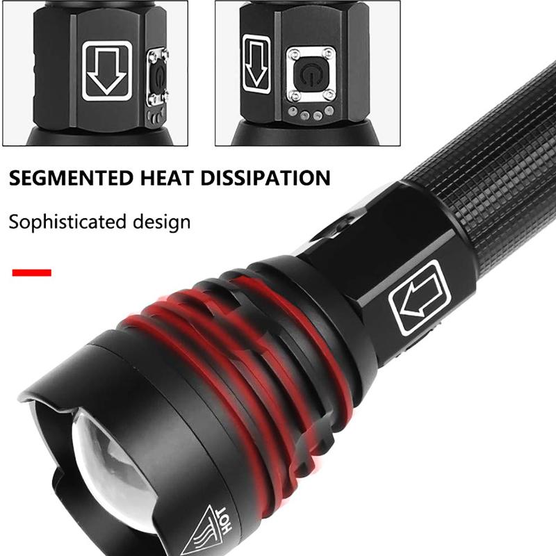 Super Powerful XHP90 LED Flashlight with USB charging and adjustable zoom, made of durable aluminum alloy, ideal for tactical and outdoor use.