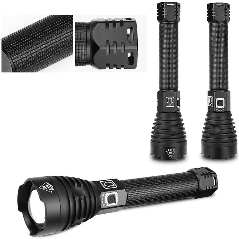 Super Powerful XHP90 LED Flashlight with USB charging and adjustable zoom, made of durable aluminum alloy, ideal for tactical and outdoor use.