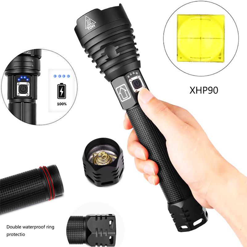 Super Powerful XHP90 LED Flashlight with USB charging and adjustable zoom, made of durable aluminum alloy, ideal for tactical and outdoor use.