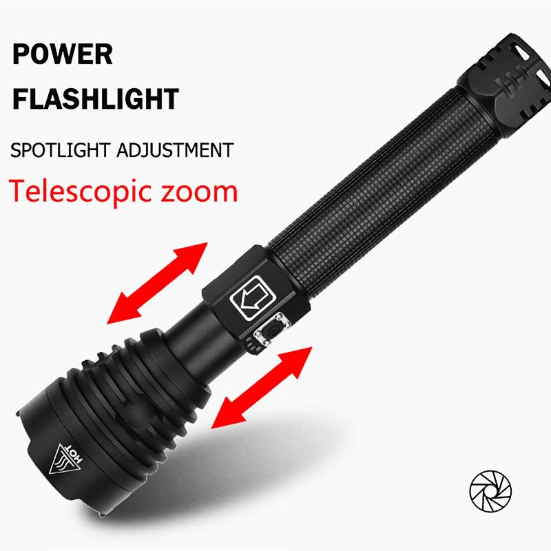 Super Powerful XHP90 LED Flashlight with USB charging and adjustable zoom, made of durable aluminum alloy, ideal for tactical and outdoor use.