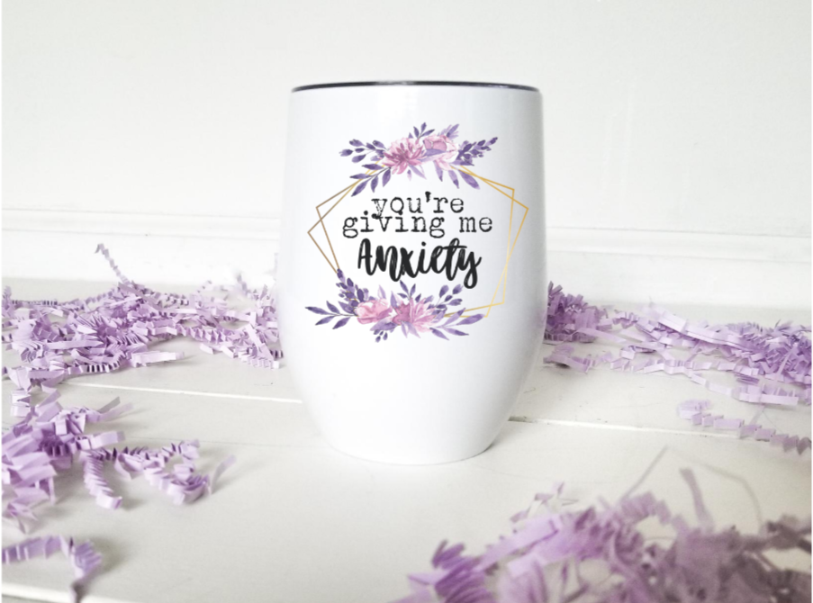 Sweary Floral Wine Tumbler 12oz with vibrant floral design and clear lid, perfect for hot or cold beverages.