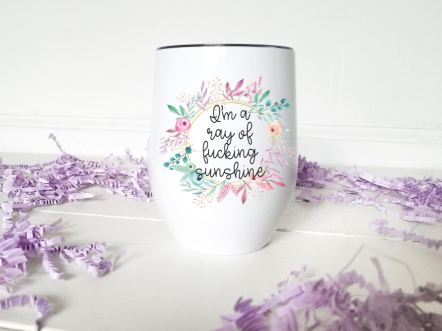 Sweary Floral Wine Tumbler 12oz with vibrant floral design and clear lid, perfect for hot or cold beverages.