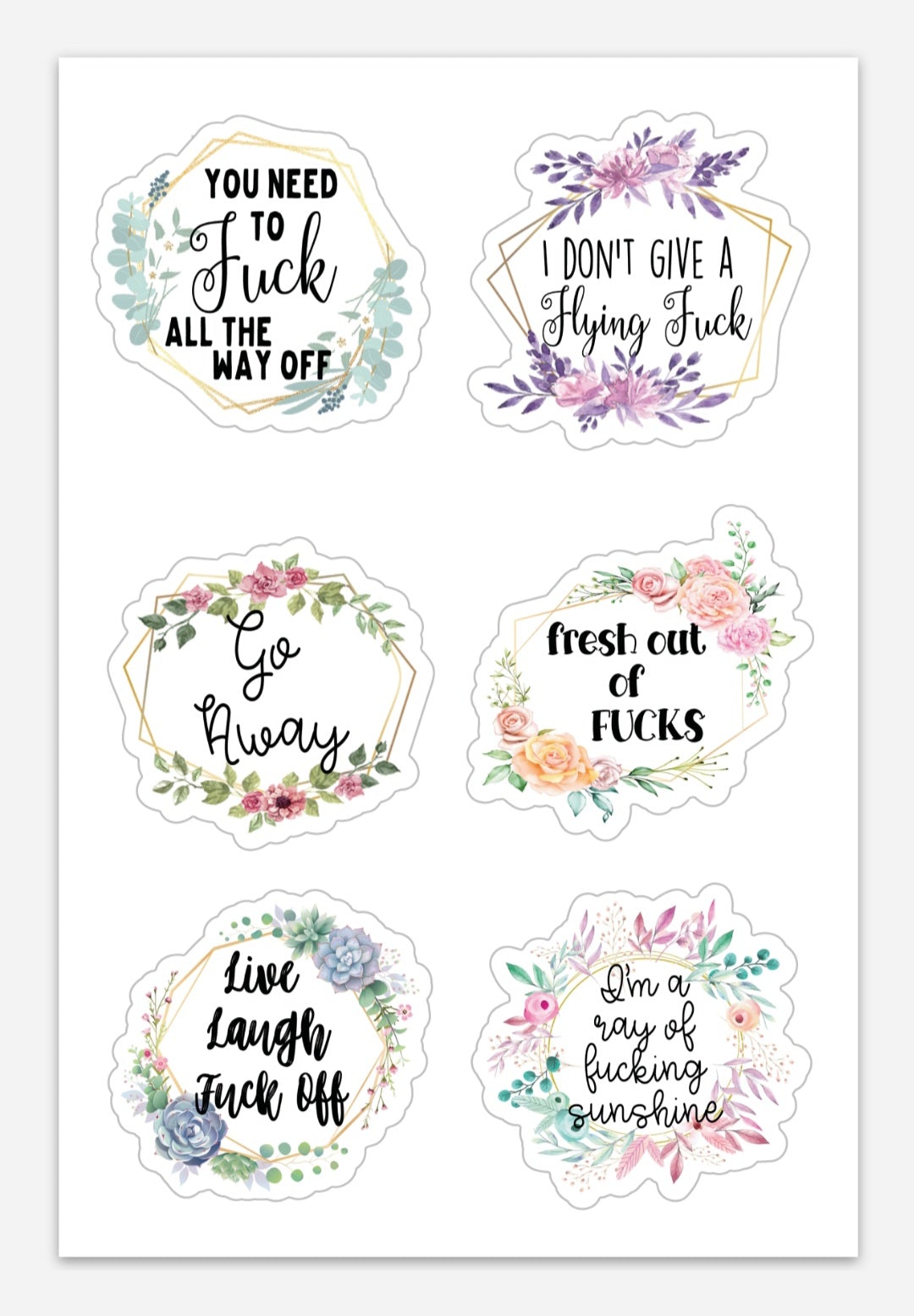 A colorful sheet of 6 humorous sweary stickers, featuring witty phrases and designs, perfect for personalizing items.