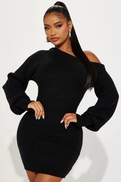 A stylish black Sweater Knit Mini Dress featuring an off-shoulder neckline and puff sleeves, perfect for various occasions.