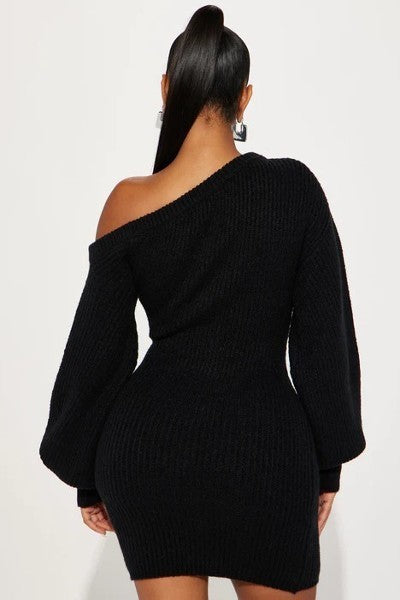 A stylish black Sweater Knit Mini Dress featuring an off-shoulder neckline and puff sleeves, perfect for various occasions.