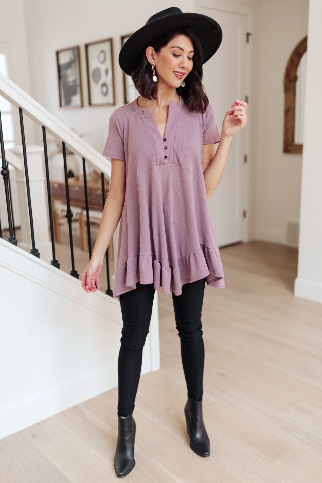 Lavender Sweet Breeze Tunic Dress featuring a button-up v neckline and ruffled hem, made from soft waffle knit fabric.