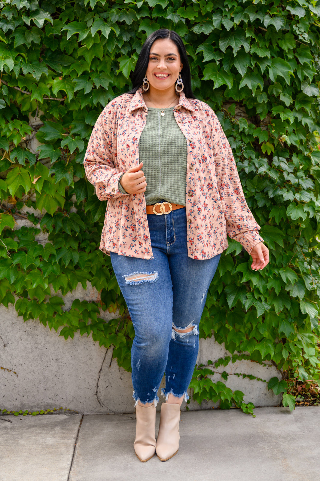 Sweet Caroline Floral & Corduroy Shacket featuring a floral pattern, open front, and side seam pockets, perfect for fall layering.