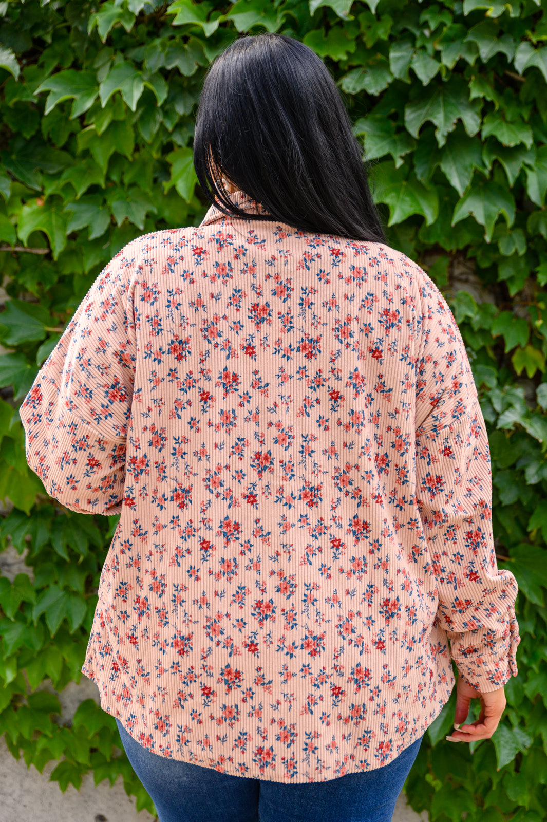 Sweet Caroline Floral & Corduroy Shacket featuring a floral pattern, open front, and side seam pockets, perfect for fall layering.