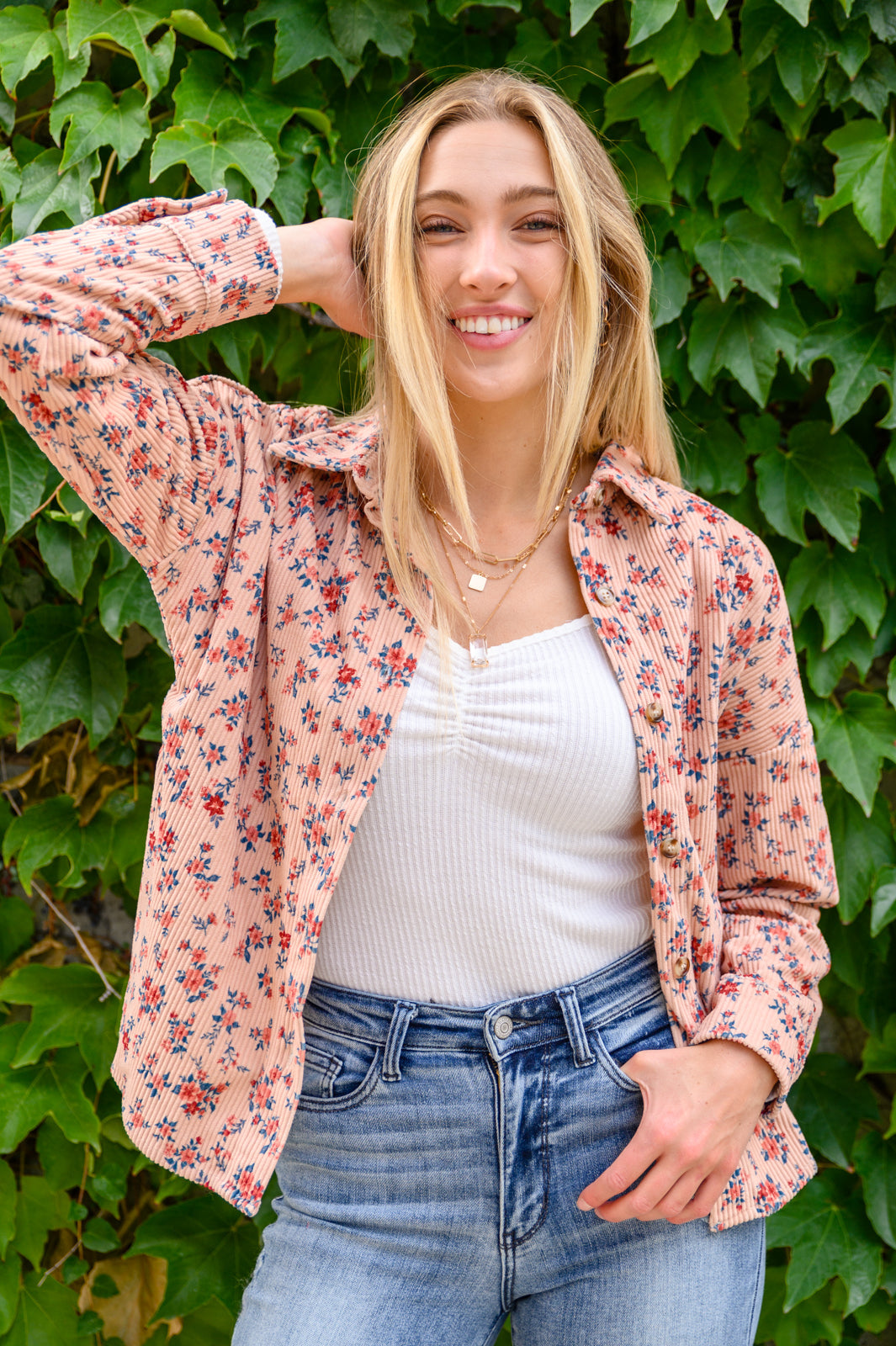 Sweet Caroline Floral & Corduroy Shacket featuring a floral pattern, open front, and side seam pockets, perfect for fall layering.