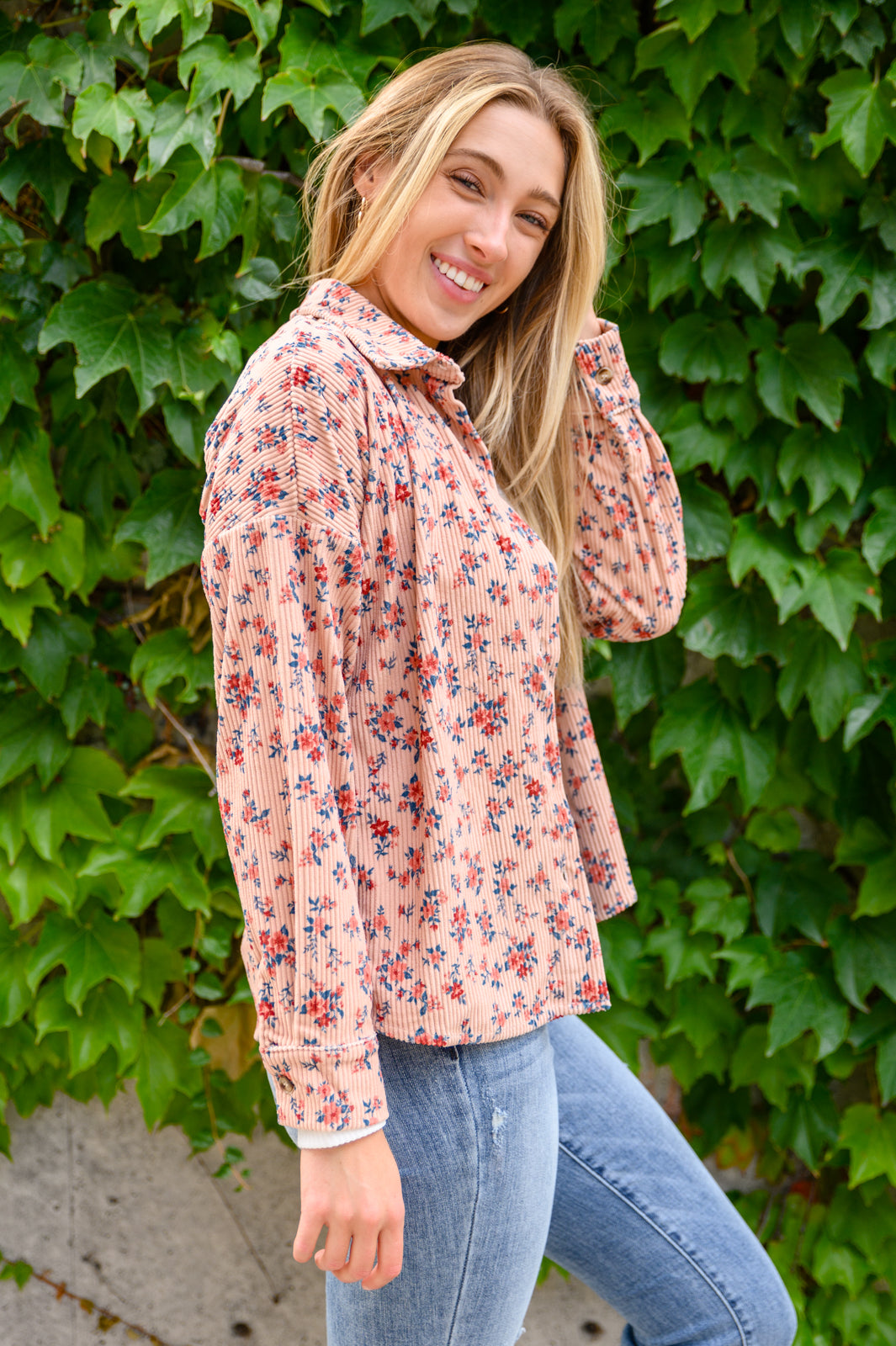 Sweet Caroline Floral & Corduroy Shacket featuring a floral pattern, open front, and side seam pockets, perfect for fall layering.