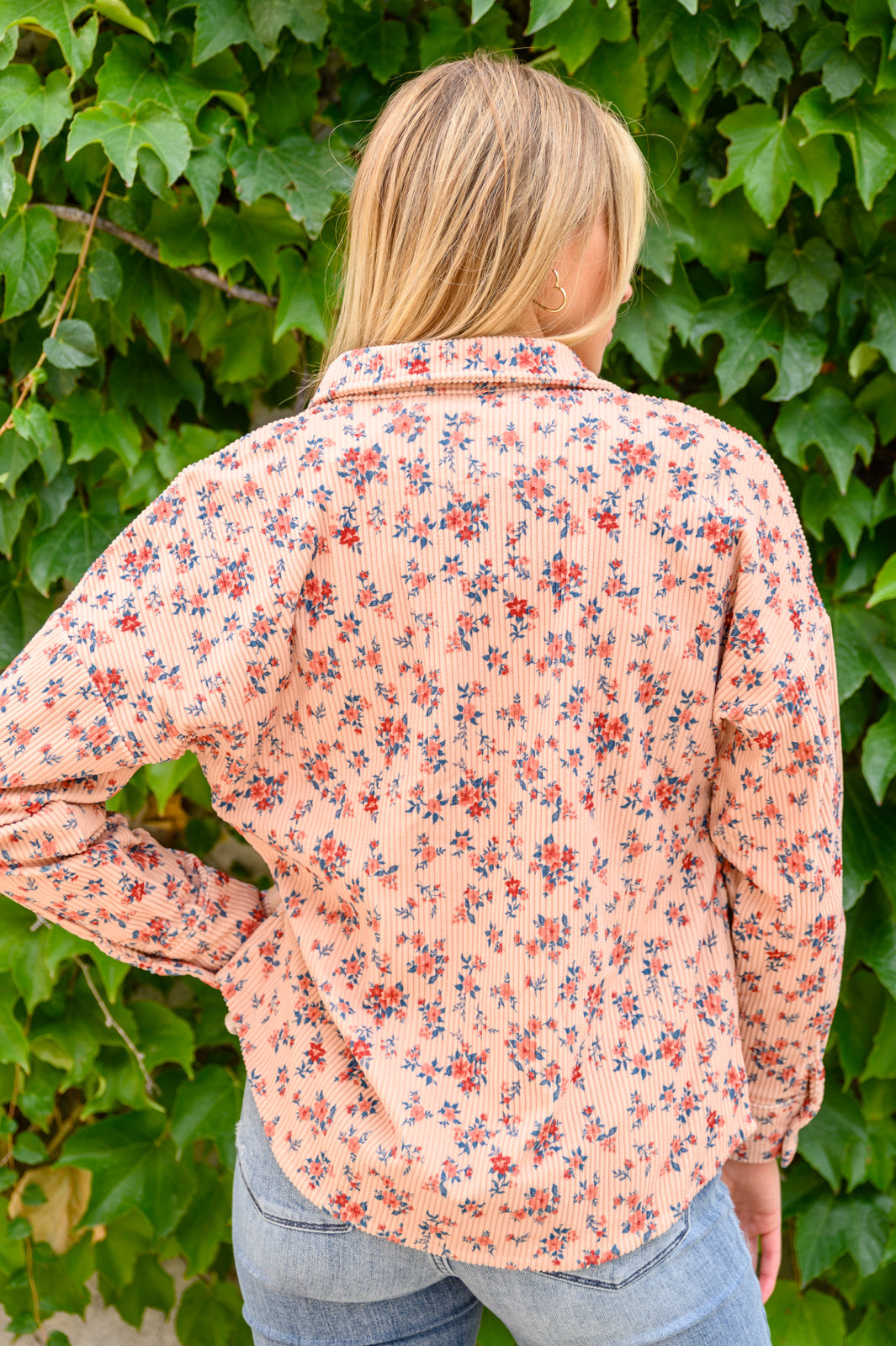 Sweet Caroline Floral & Corduroy Shacket featuring a floral pattern, open front, and side seam pockets, perfect for fall layering.