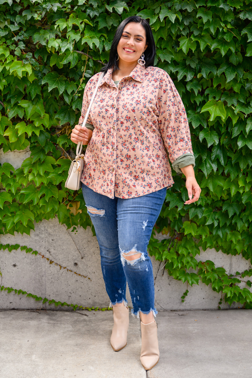 Sweet Caroline Floral & Corduroy Shacket featuring a floral pattern, open front, and side seam pockets, perfect for fall layering.