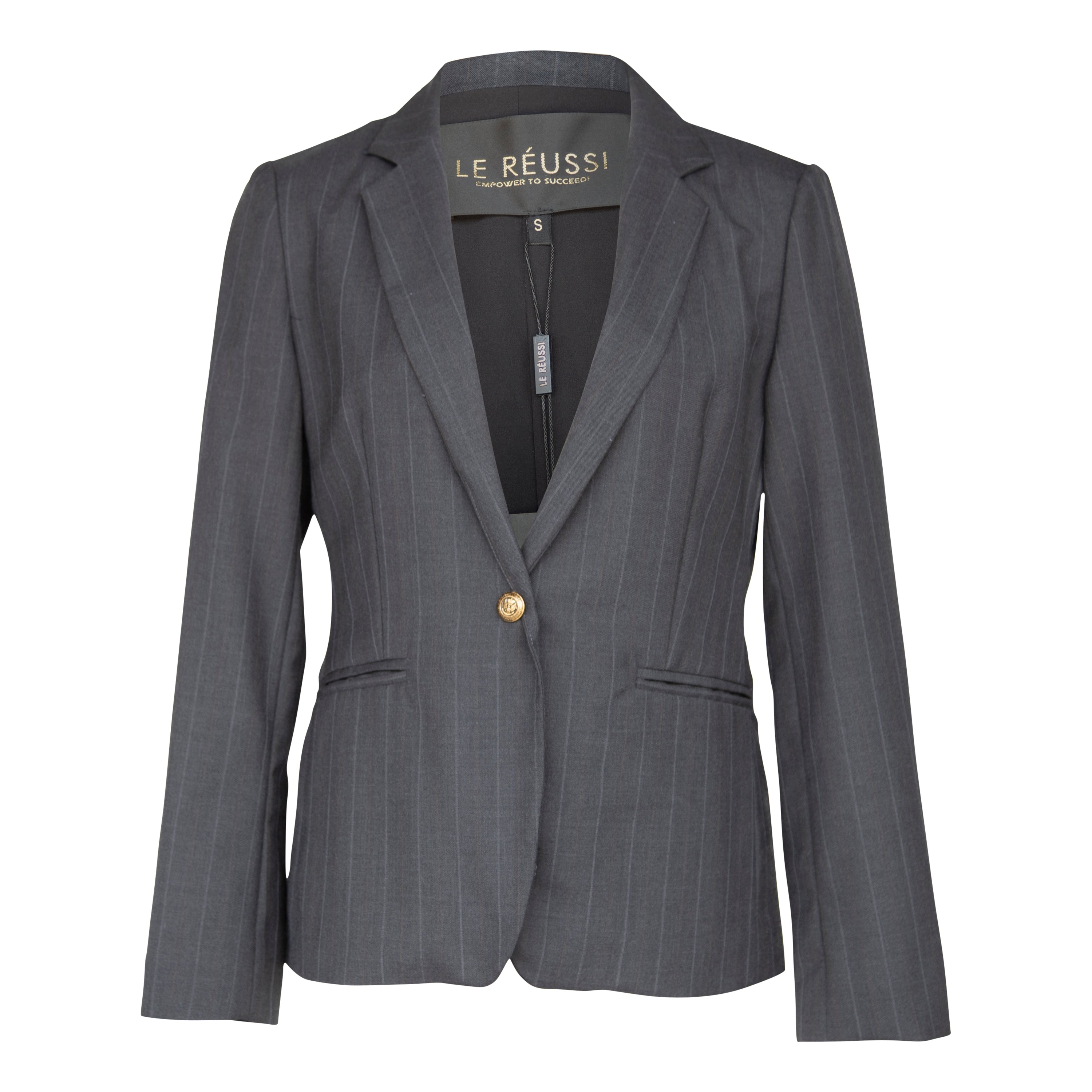 A luxurious dark grey wool blazer designed for formal workwear, featuring a structured silhouette and classic design.