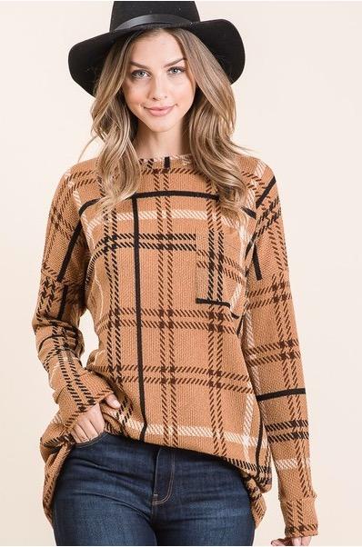 Tamatha Crow Neck Long Sleeves Top featuring a stylish checked pattern, drop shoulder design, and a cozy patched pocket.