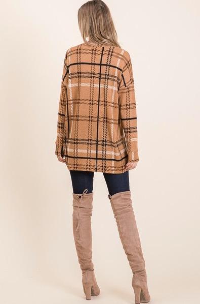 Tamatha Crow Neck Long Sleeves Top featuring a stylish checked pattern, drop shoulder design, and a cozy patched pocket.