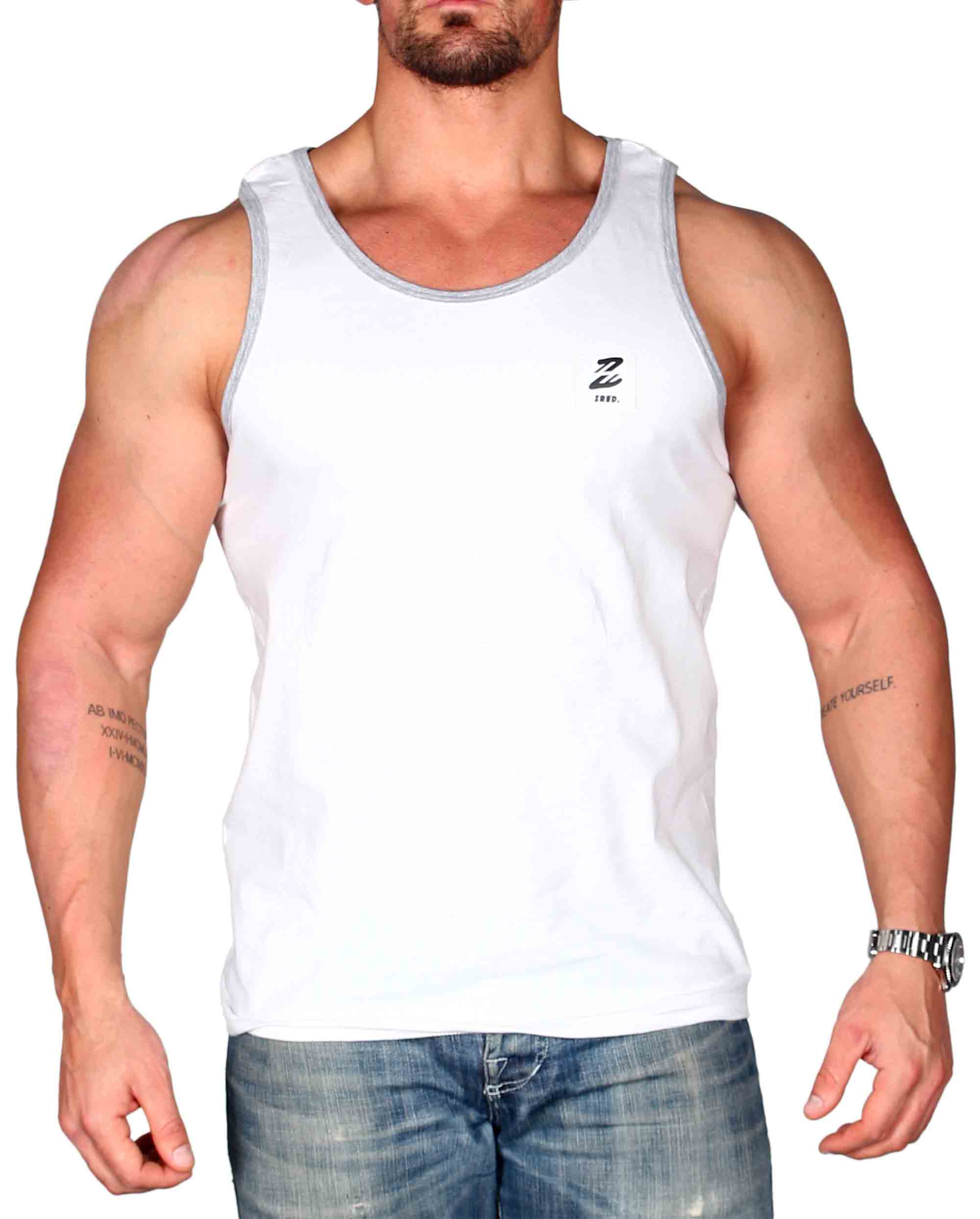 Stylisches Herren Tanktop in Weiß und Grau, ideal für Freizeit und Sport, mit schmalen Trägern und modernem Design.