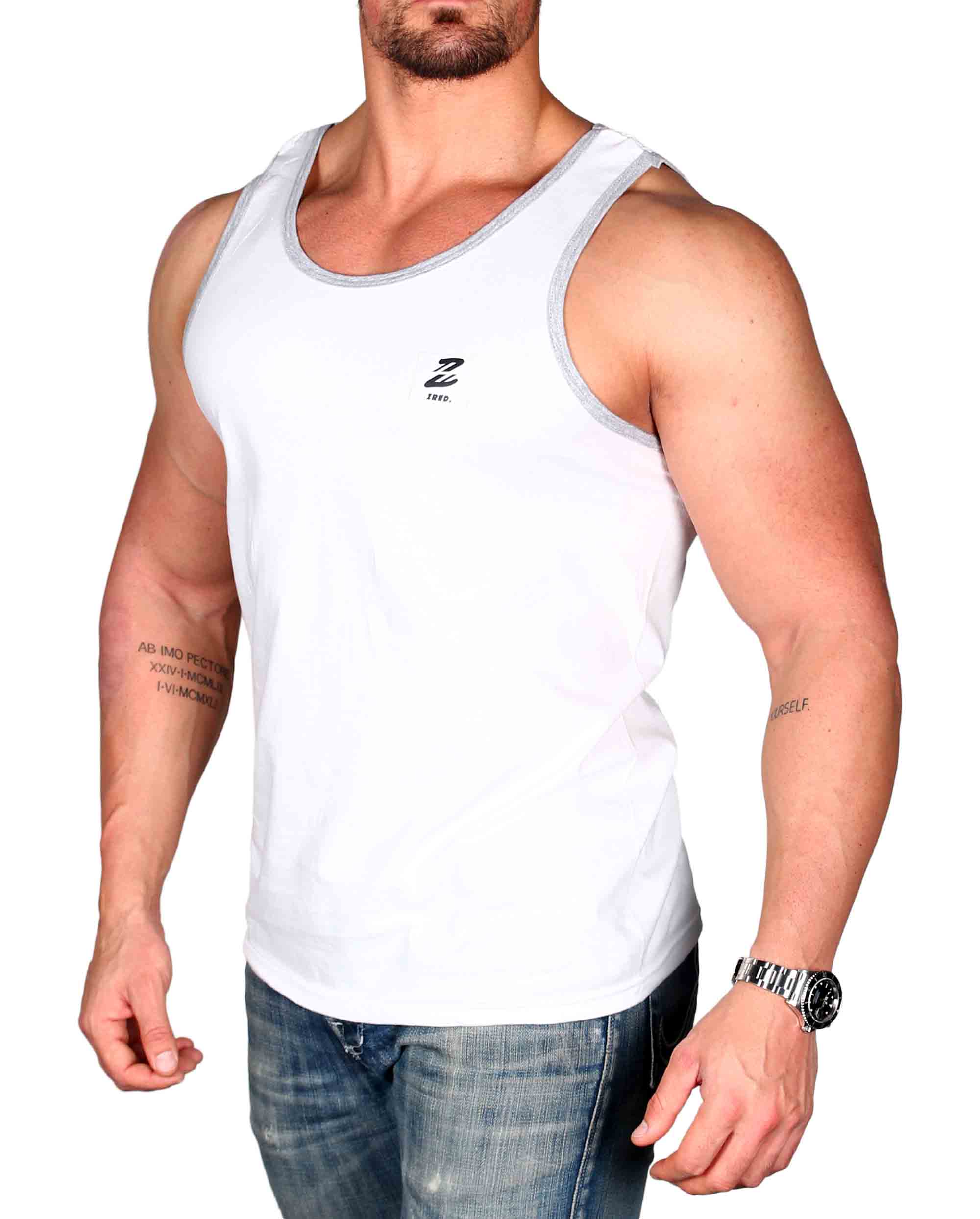 Stylisches Herren Tanktop in Weiß und Grau, ideal für Freizeit und Sport, mit schmalen Trägern und modernem Design.