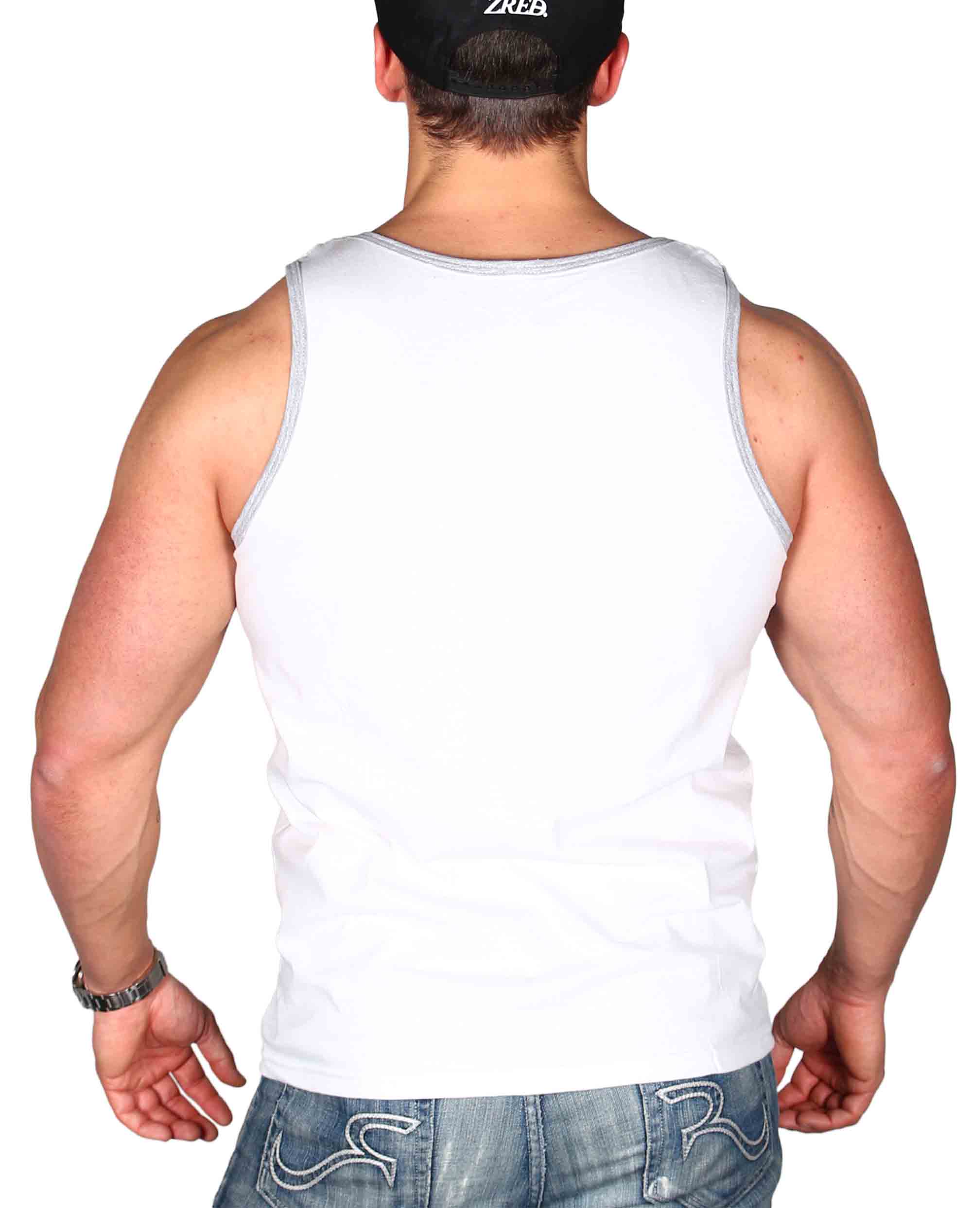 Stylisches Herren Tanktop in Weiß und Grau, ideal für Freizeit und Sport, mit schmalen Trägern und modernem Design.