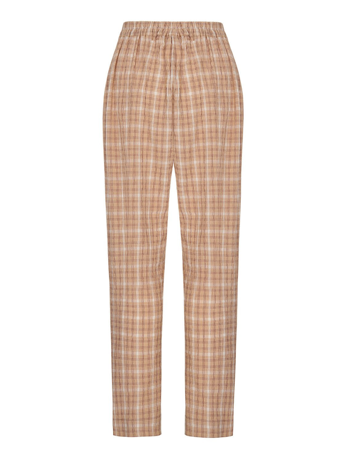 Tapered Fit Plaid Pants featuring a high waist and elastic waistband, styled with side pockets, perfect for summer wear.