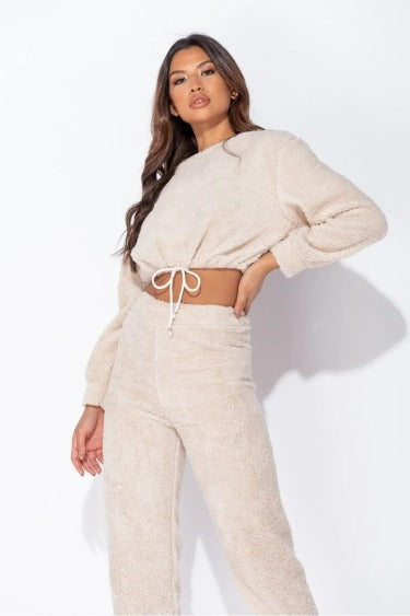 Teddy Borg Cropped Top Jogger Lounge Set featuring a soft, cozy fabric in a stylish cropped design with matching joggers.