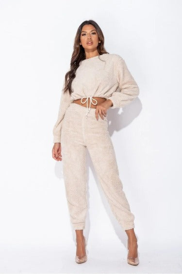 Teddy Borg Cropped Top Jogger Lounge Set featuring a soft, cozy fabric in a stylish cropped design with matching joggers.