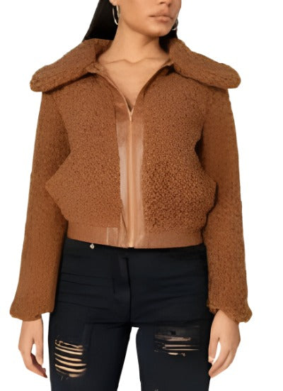 Teddy Borg PU Trim Bomber Jacket featuring soft teddy borg fabric and stylish PU trim, perfect for trendy outfits.