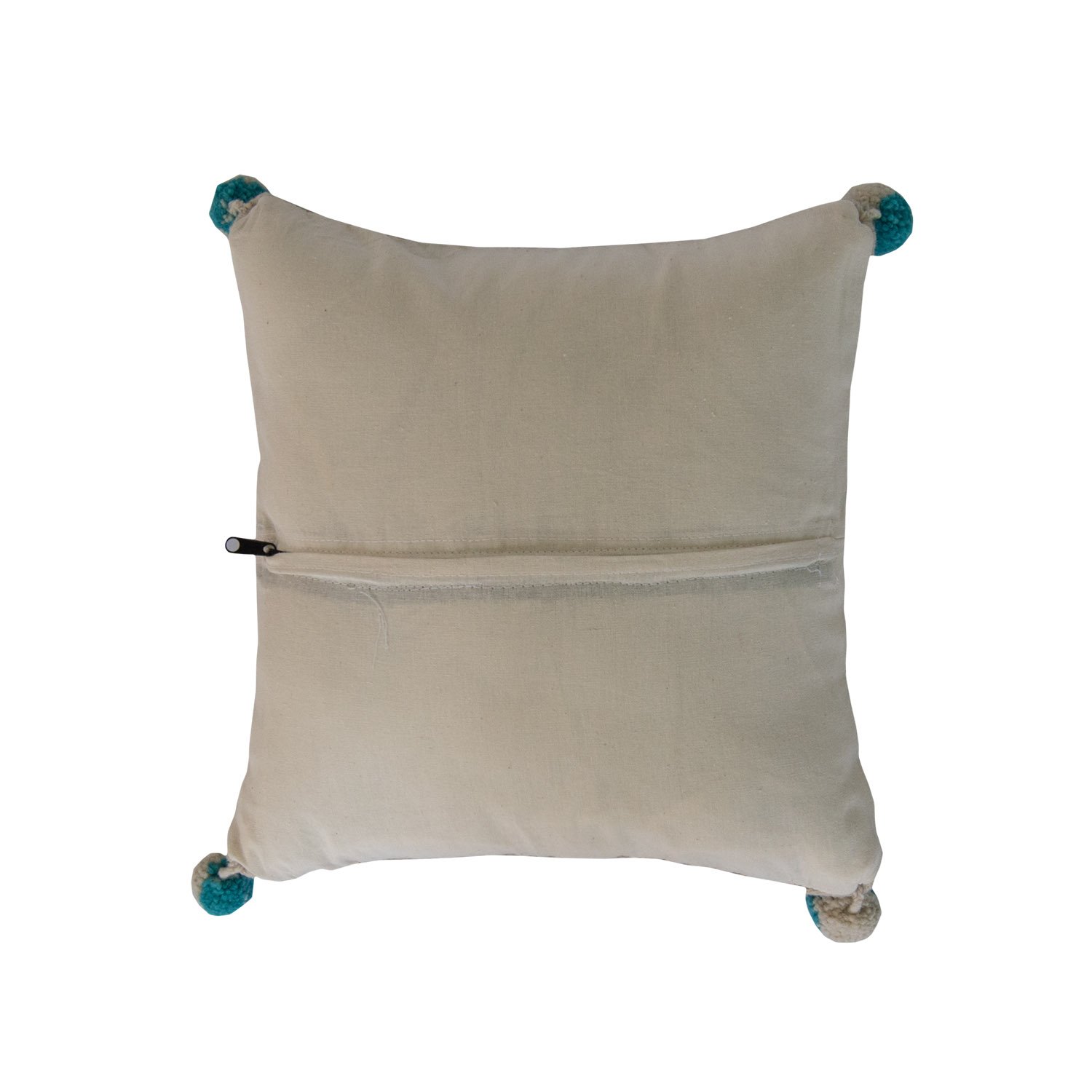 Telayú Wool Carpet Pillow with Blue featuring gray fabric, white stripe, and blue half diamond design, handcrafted in Oaxaca, Mexico.