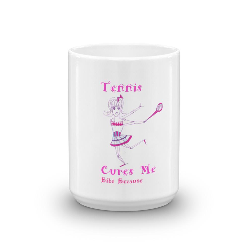 A glossy white ceramic mug from the Tennis Cures Me collection featuring a vivid print, perfect for coffee or tea.