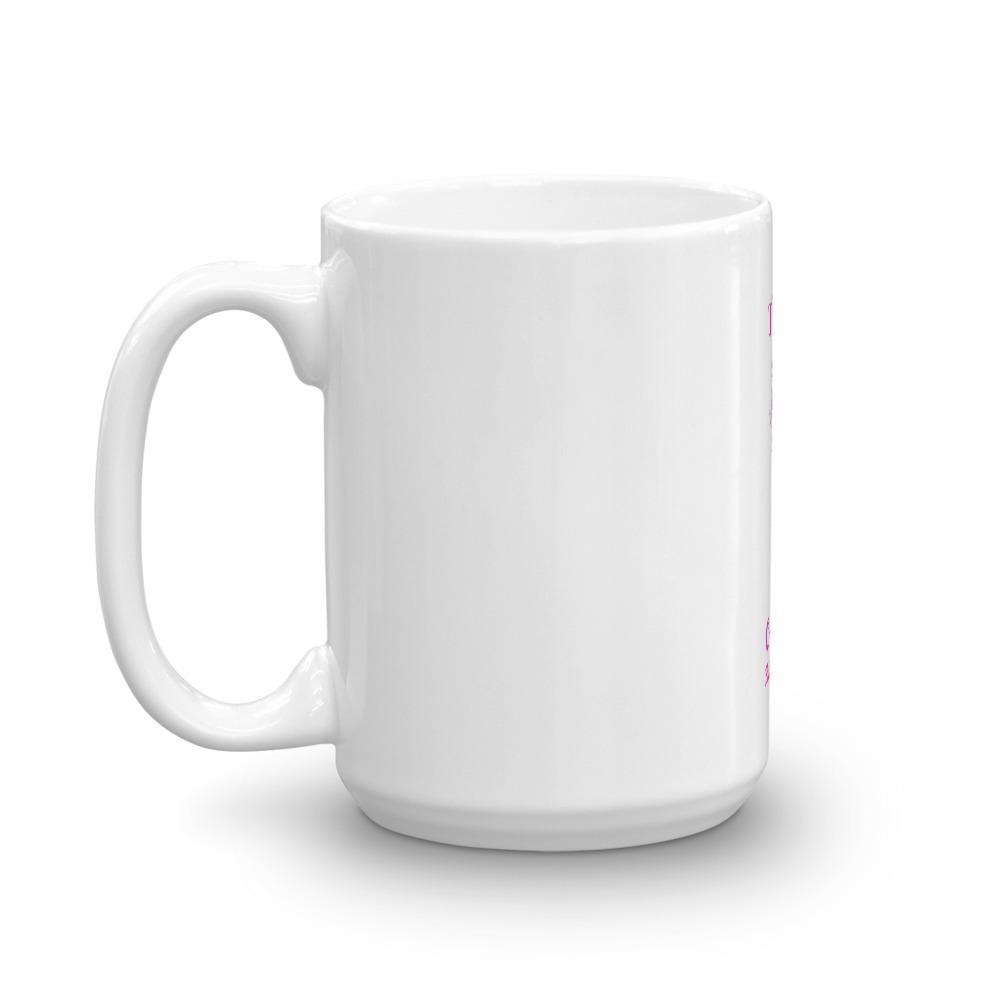 A glossy white ceramic mug from the Tennis Cures Me collection featuring a vivid print, perfect for coffee or tea.