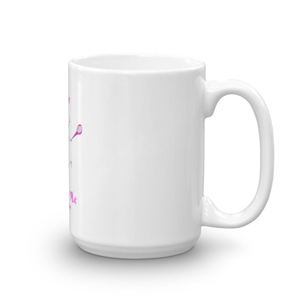 A glossy white ceramic mug from the Tennis Cures Me collection featuring a vivid print, perfect for coffee or tea.