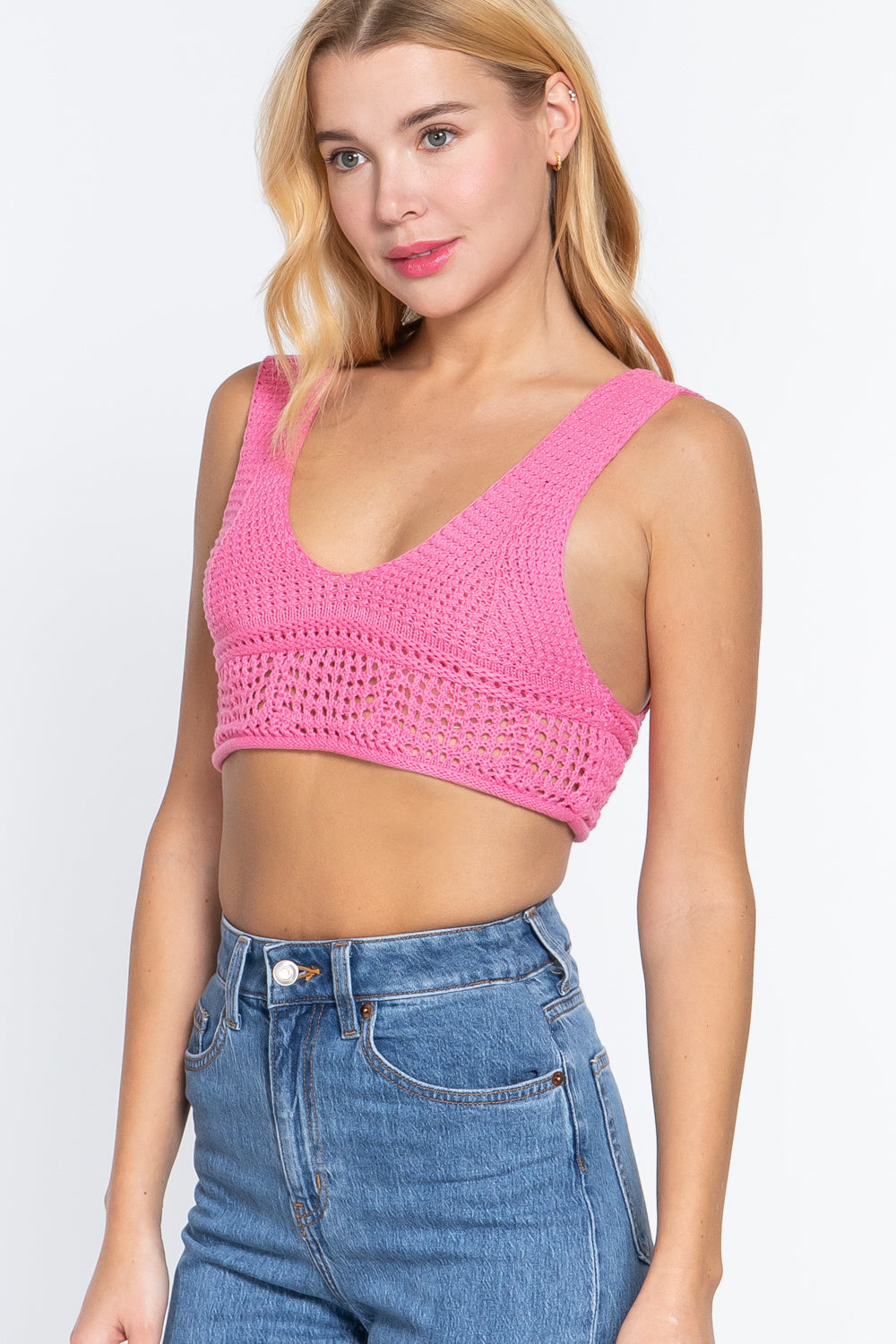 Textured Crop Sweater Tank Top in wild pink, featuring a sleeveless V-neck design and knit texture.