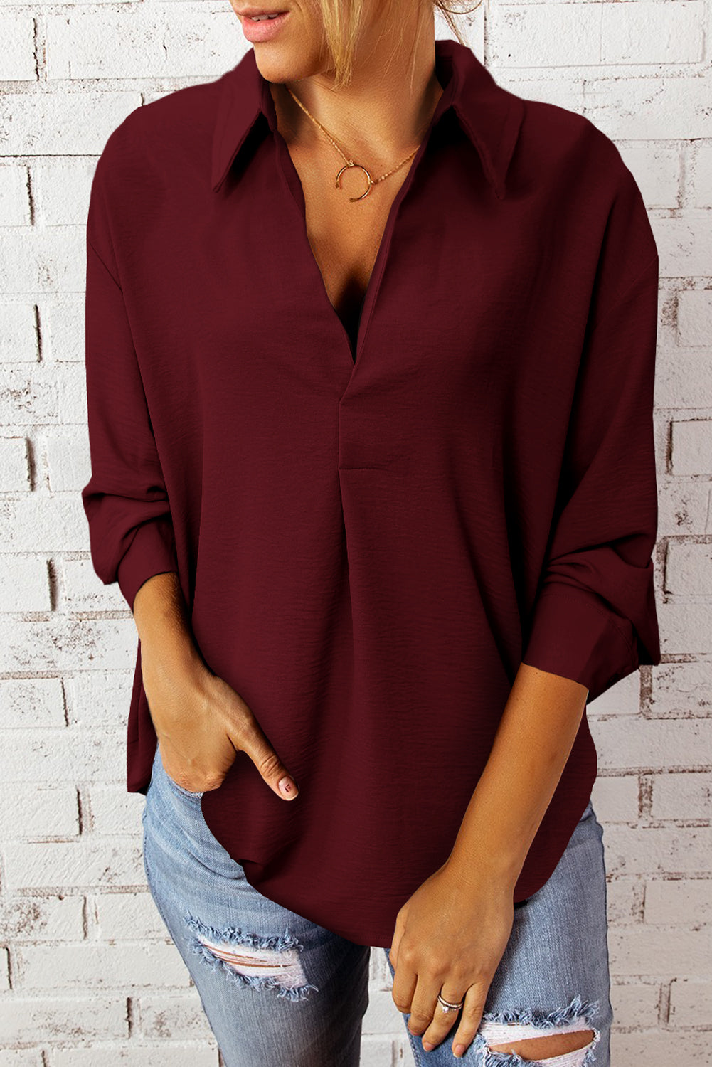 Textured Johnny Collar Three-Quarter Sleeve Blouse in a studio setting, showcasing its stylish design and textured fabric.