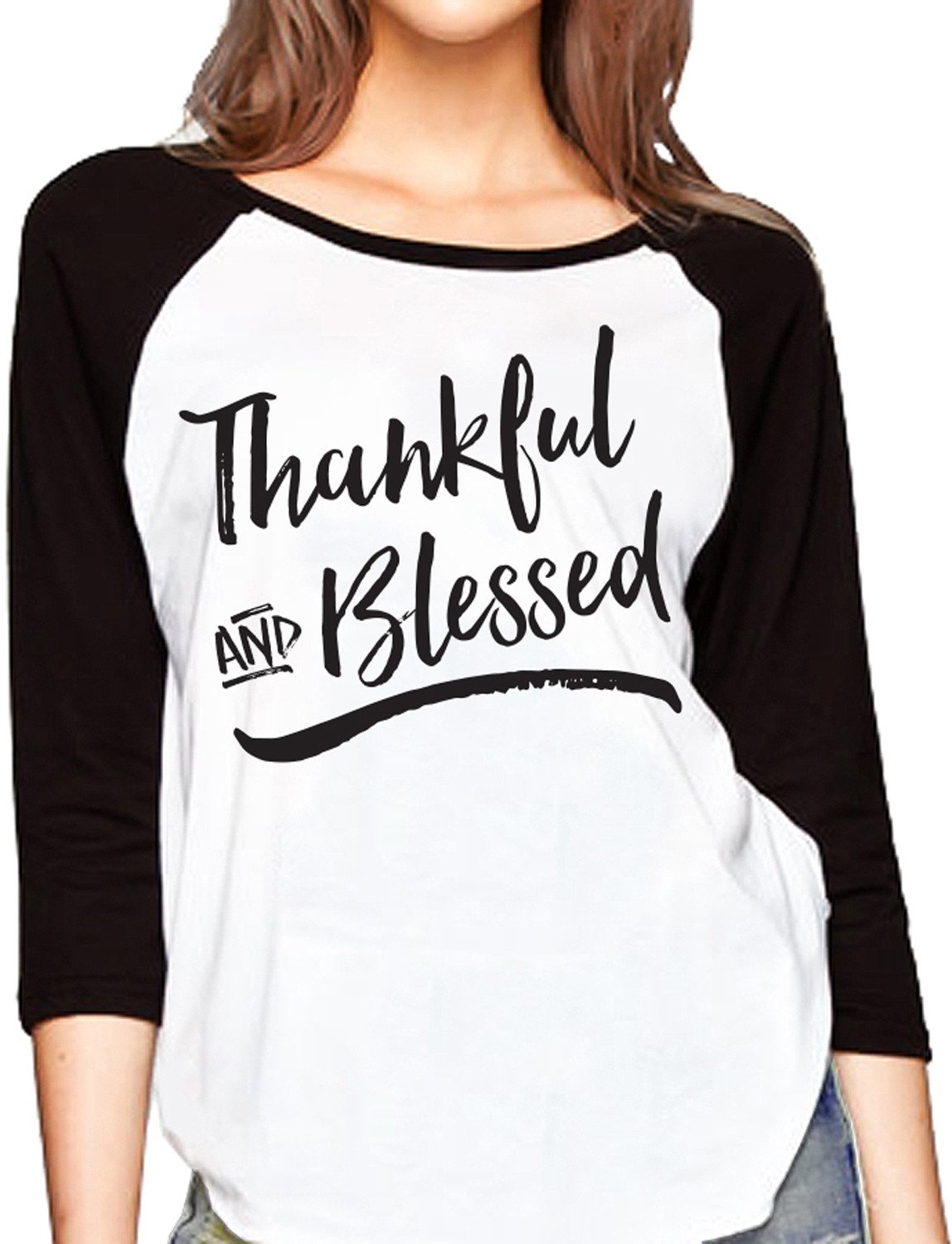 Thankful & Blessed Baseball Tee featuring black sleeves and white body, perfect for fall and Thanksgiving.