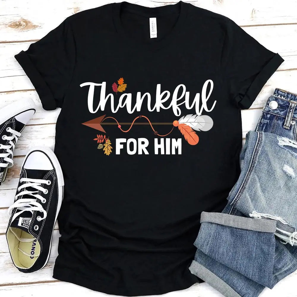 Thankful For Her/Him Thanksgiving Couple T-Shirt featuring a comfortable fit and festive design, perfect for couples celebrating Thanksgiving.